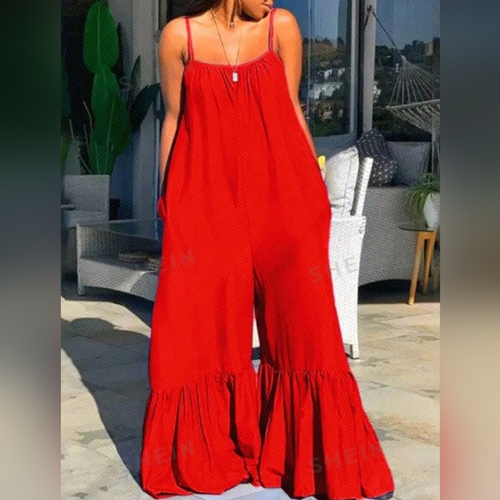 SHEIN Red Holiday Style Loose Fit Jumpsuit With Ruffle Trimmed Pant Legs, Large